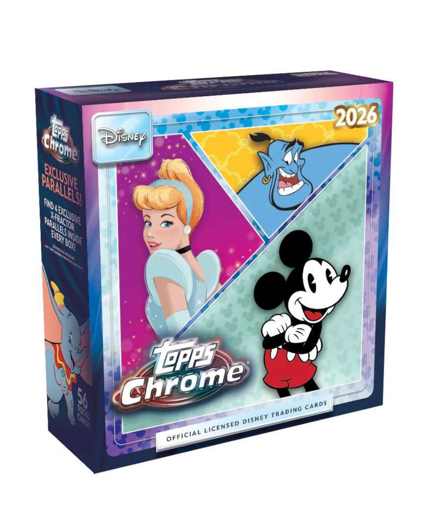 Topps 2026 Chrome Disney Mega Box Trading Cards, 8 Packs with 7 Cards per Pack, Includes 4 Exclusive X-Fractor Parallels, Official Licensed Collectible, 6+ Years