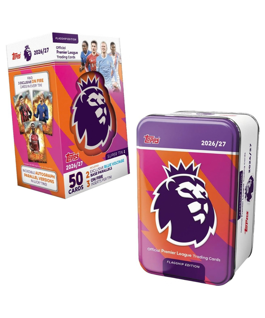 Topps Premier League 2027 Super Tin – Purple, 50 Trading Cards with 3 On Fire Inserts and 2 Exclusive Blue Voltage Parallels, Premier League Football Collection, 6+ Years