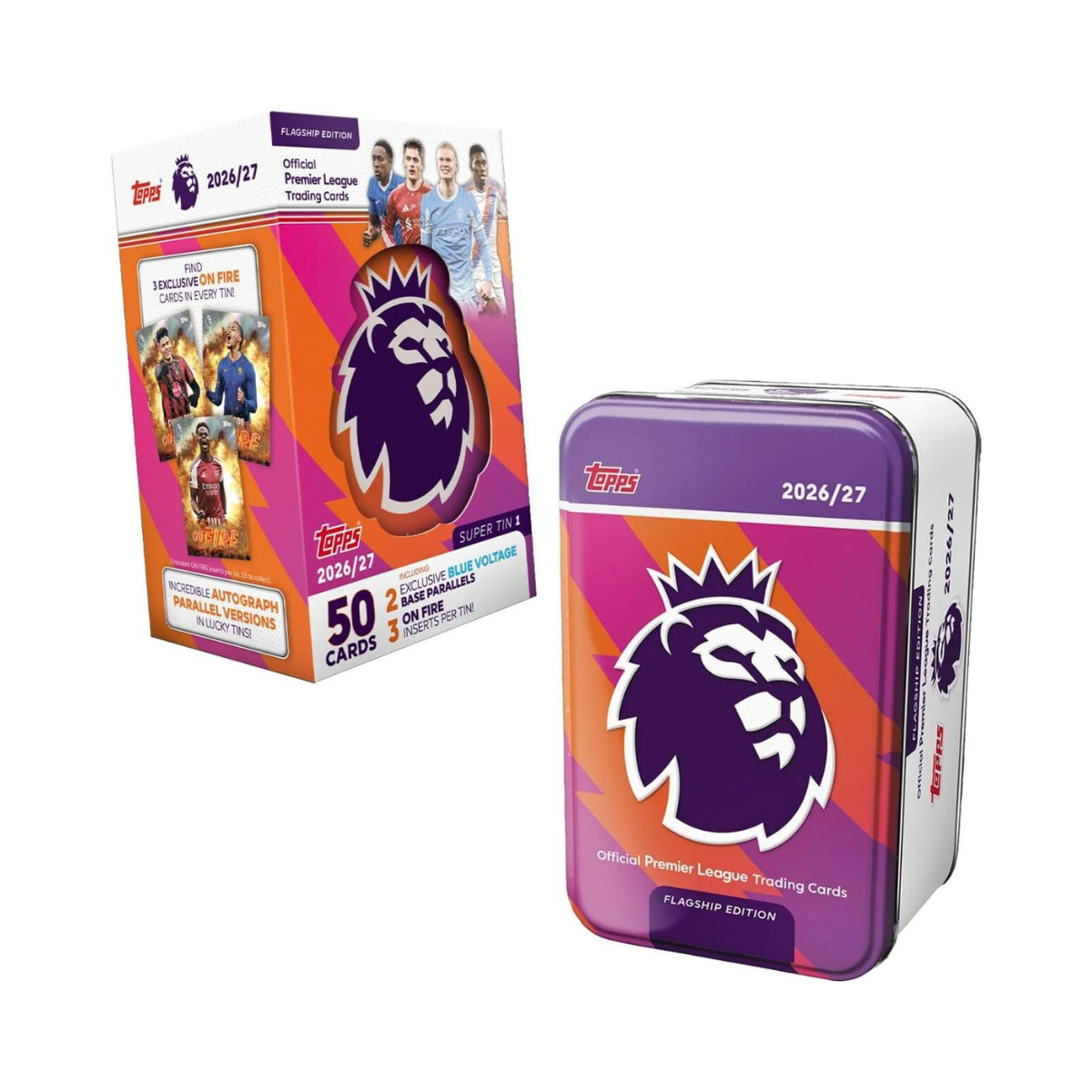 Topps Premier League 2027 Super Tin – Purple, 50 Trading Cards with 3 On Fire Inserts and 2 Exclusive Blue Voltage Parallels, Premier League Football Collection, 6+ Years