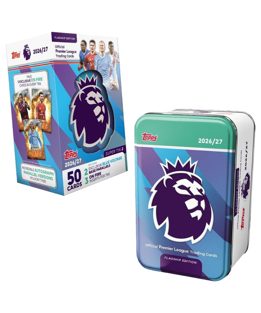 Topps Premier League 2027 Super Tin – Purple, 50 Trading Cards with 3 On Fire Inserts and 2 Exclusive Blue Voltage Parallels, Premier League Football Collection, 6+ Years