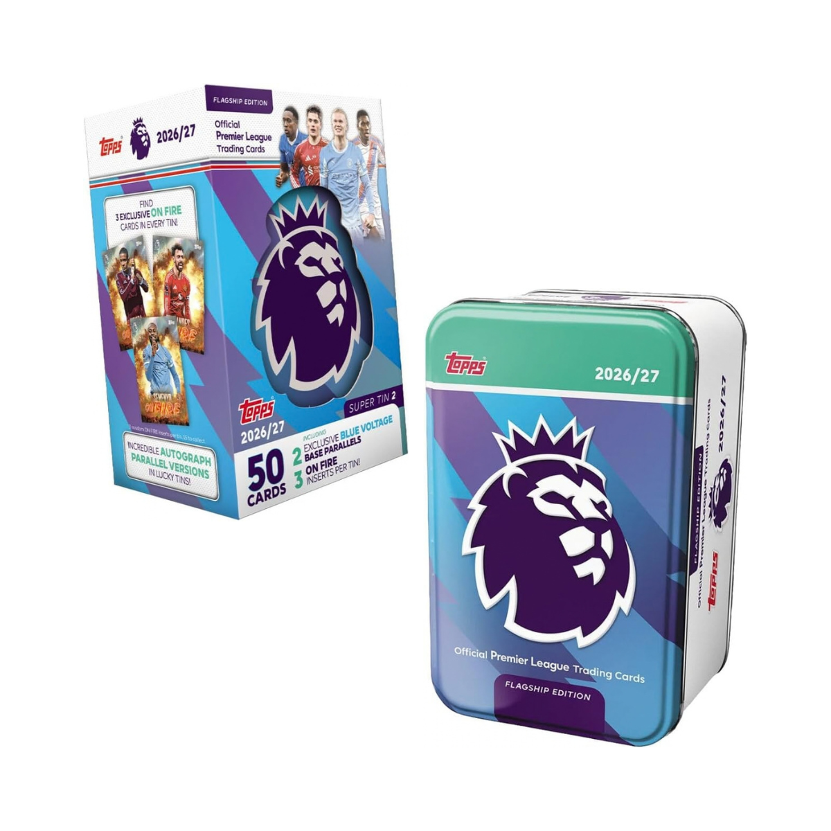 Topps Premier League 2027 Super Tin – Purple, 50 Trading Cards with 3 On Fire Inserts and 2 Exclusive Blue Voltage Parallels, Premier League Football Collection, 6+ Years