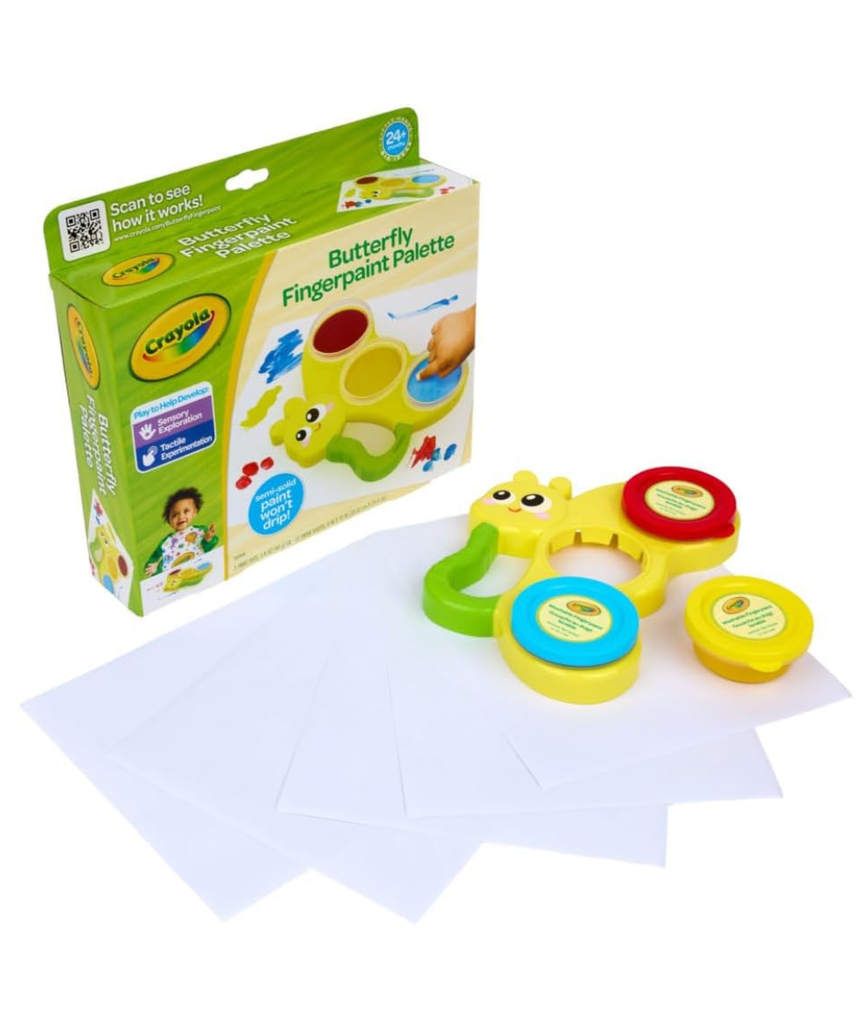 Crayola Butterfly Fingerpaint Palette – Toddler Art Set with 3 Washable Paint Pots & 10 Large Sheets | Mess-Free Sensory Painting Kit for Kids, Creative Gift for Ages 2+