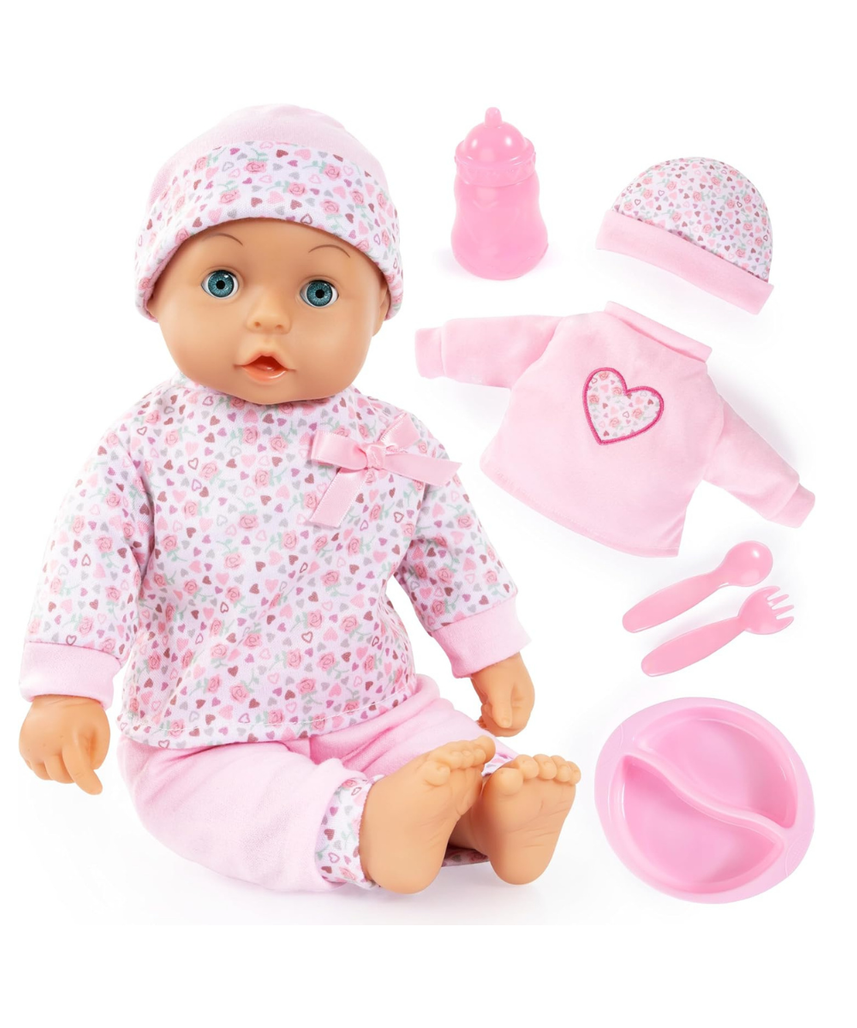 Bayer Baby Doll Play Set 36cm, Soft Body Cuddly Baby Doll with Extra Outfit & Hat, Feeding Accessories (Plate, Spoon, Fork), Pretend Play Toy for Kids, Lightweight Doll for Toddlers