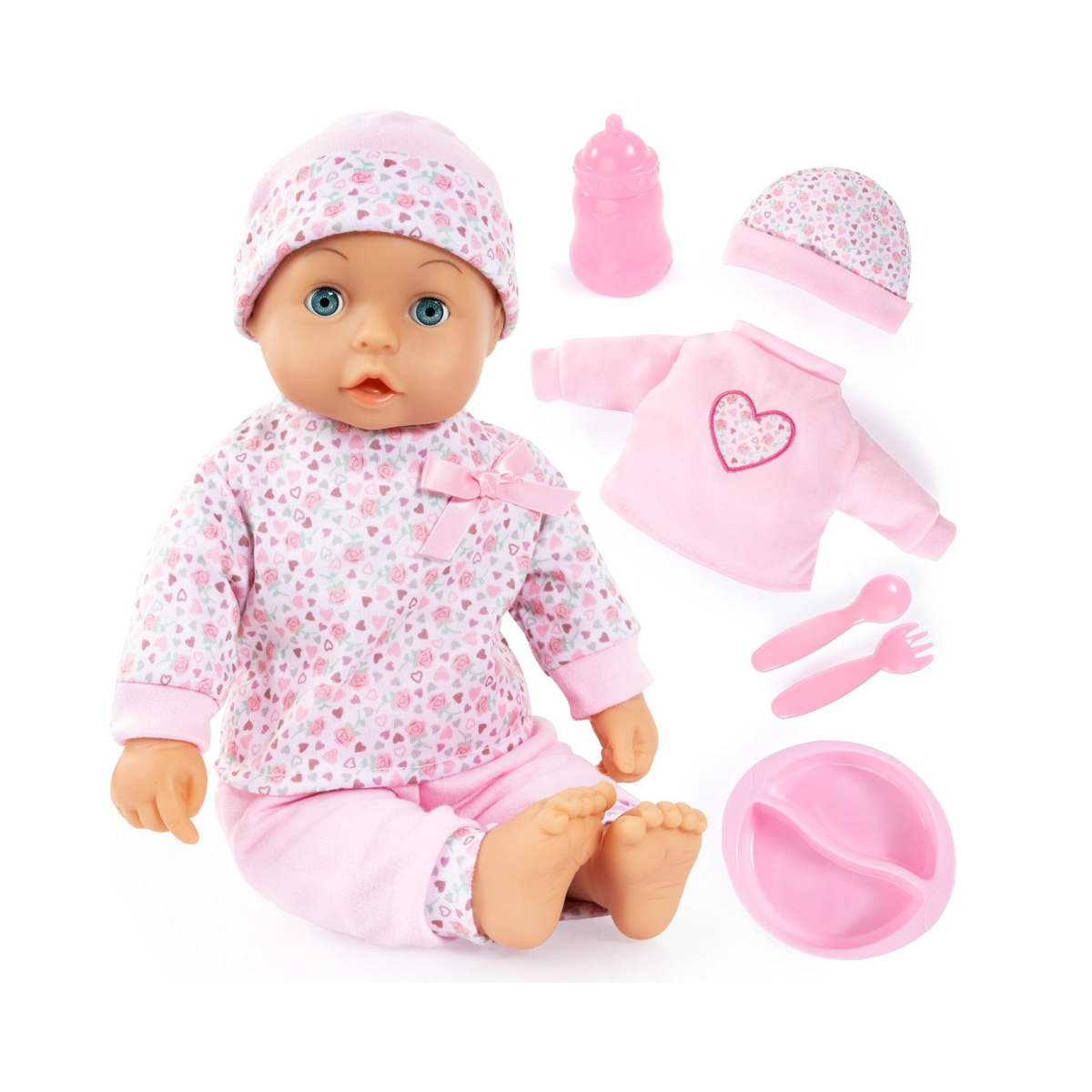 Bayer Baby Doll Play Set 36cm, Soft Body Cuddly Baby Doll with Extra Outfit & Hat, Feeding Accessories (Plate, Spoon, Fork), Pretend Play Toy for Kids, Lightweight Doll for Toddlers