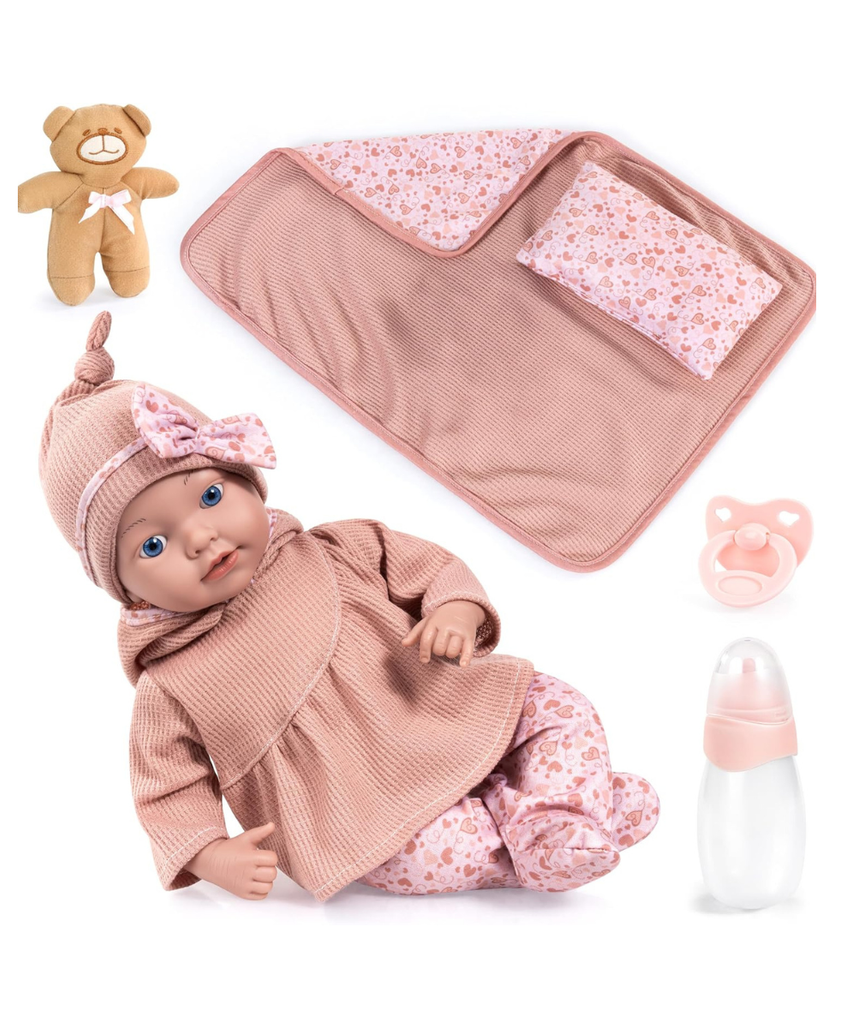 Bayer Design 93827AO Reborn Baby Doll 38 cm Realistic Lifelike with Bottle Dummy Blanket Pillow Teddy Gift for Girls and Boys