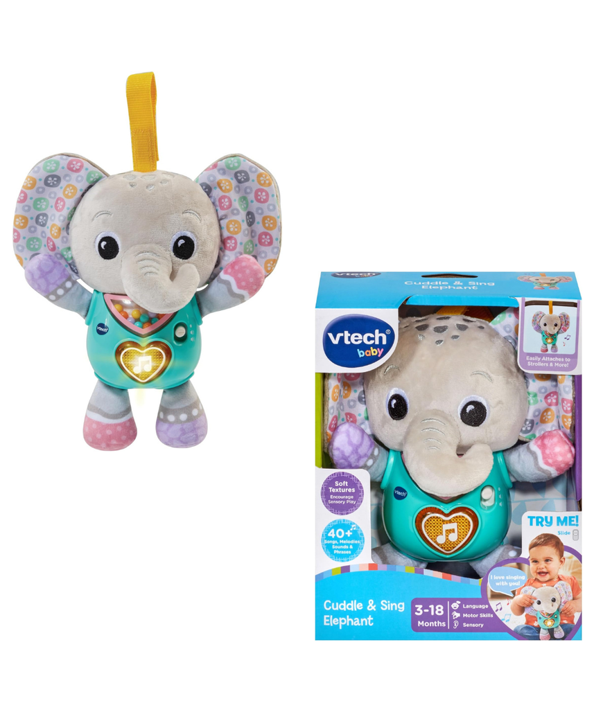 VTech Baby Cuddle & Sing Elephant Interactive Toy with Lights, Numbers & Songs, Beads and Rattle Textures, Gifts for Babies 3-6-9 Months + English Version