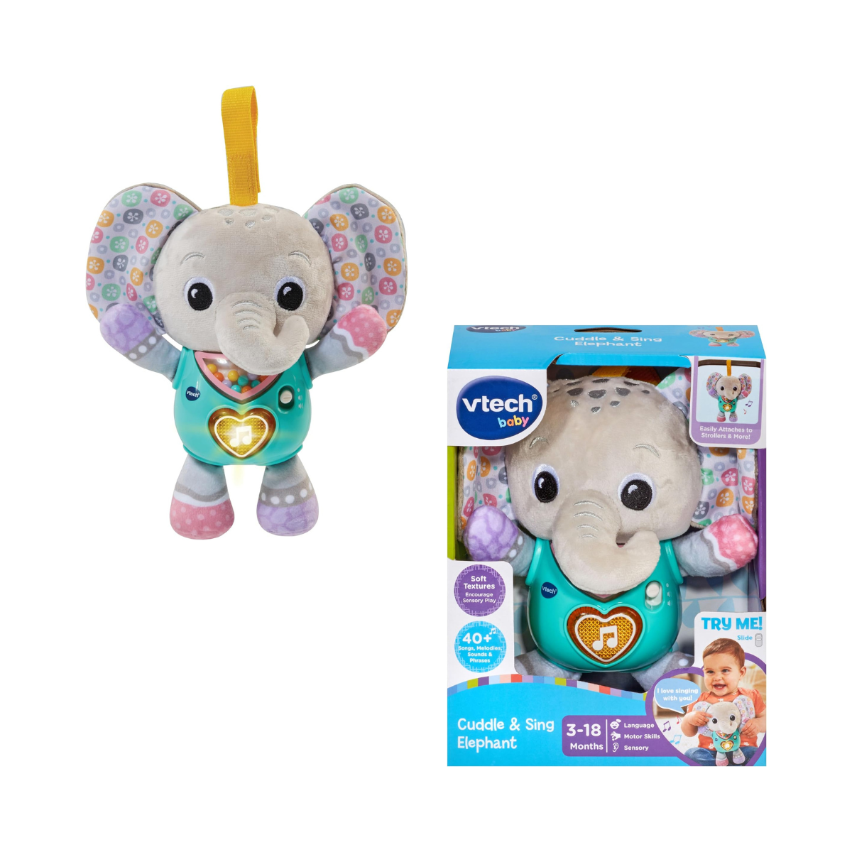 VTech Baby Cuddle & Sing Elephant Interactive Toy with Lights, Numbers & Songs, Beads and Rattle Textures, Gifts for Babies 3-6-9 Months + English Version