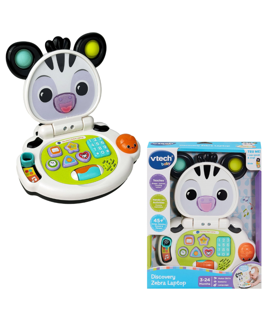 VTech Baby Discovery Zebra Laptop Interactive Baby Toy with Lights Music Letters Numbers 2 Modes Motor Skills Development Gift for 3 6 9 12 Months + English Version