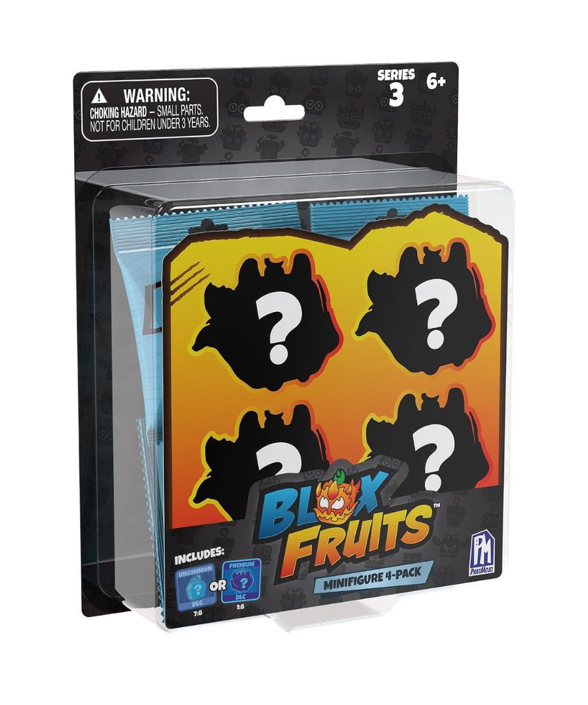 Blox Fruits Series 3 Mystery Minifigure 4-Pack, 4 Surprise Collectible Figures with Exclusive DLC Code, 10 Fruit Forms to Collect, Official Blox Fruits Merchandise, 6+ Years