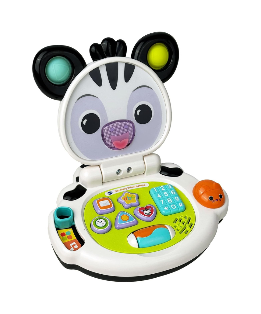 VTech Baby Discovery Zebra Laptop Interactive Baby Toy with Lights Music Letters Numbers 2 Modes Motor Skills Development Gift for 3 6 9 12 Months + English Version