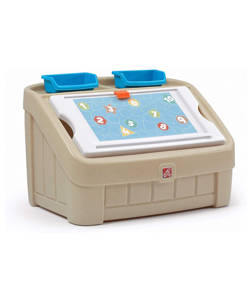 Step2 2-in-1 Toy Box with Art Lid, Kids Storage Chest with Portable Drawing Board, Tan, 4.5 Cubic Feet Storage