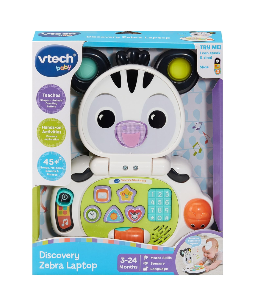 VTech Baby Discovery Zebra Laptop Interactive Baby Toy with Lights Music Letters Numbers 2 Modes Motor Skills Development Gift for 3 6 9 12 Months + English Version