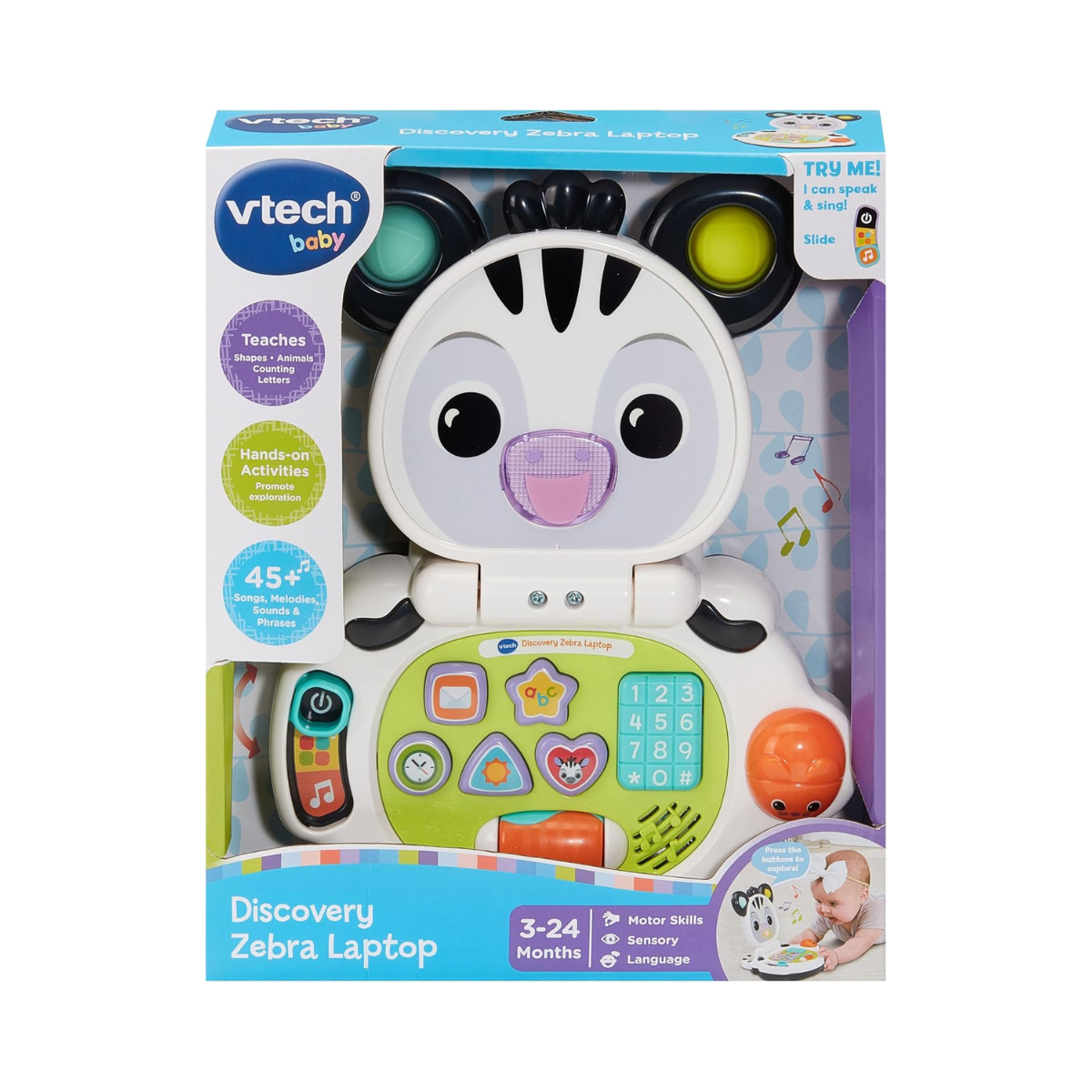 VTech Baby Discovery Zebra Laptop Interactive Baby Toy with Lights Music Letters Numbers 2 Modes Motor Skills Development Gift for 3 6 9 12 Months + English Version