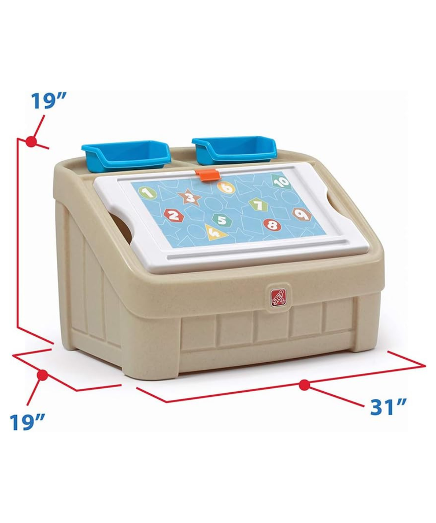 Step2 2-in-1 Toy Box with Art Lid, Kids Storage Chest with Portable Drawing Board, Tan, 4.5 Cubic Feet Storage