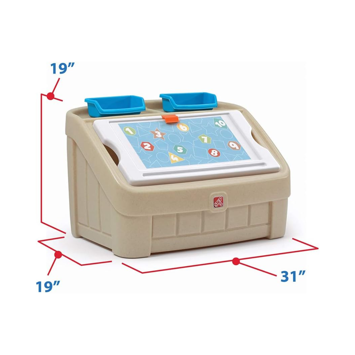 Step2 2-in-1 Toy Box with Art Lid, Kids Storage Chest with Portable Drawing Board, Tan, 4.5 Cubic Feet Storage