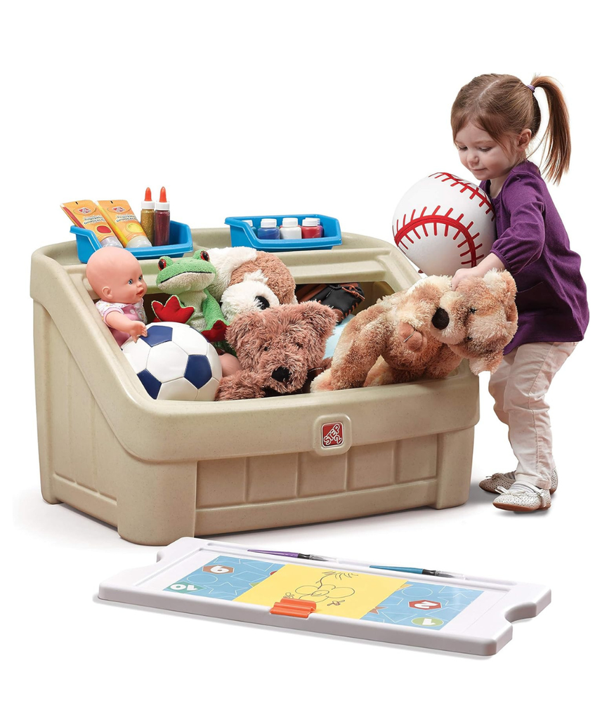 Step2 2-in-1 Toy Box with Art Lid, Kids Storage Chest with Portable Drawing Board, Tan, 4.5 Cubic Feet Storage