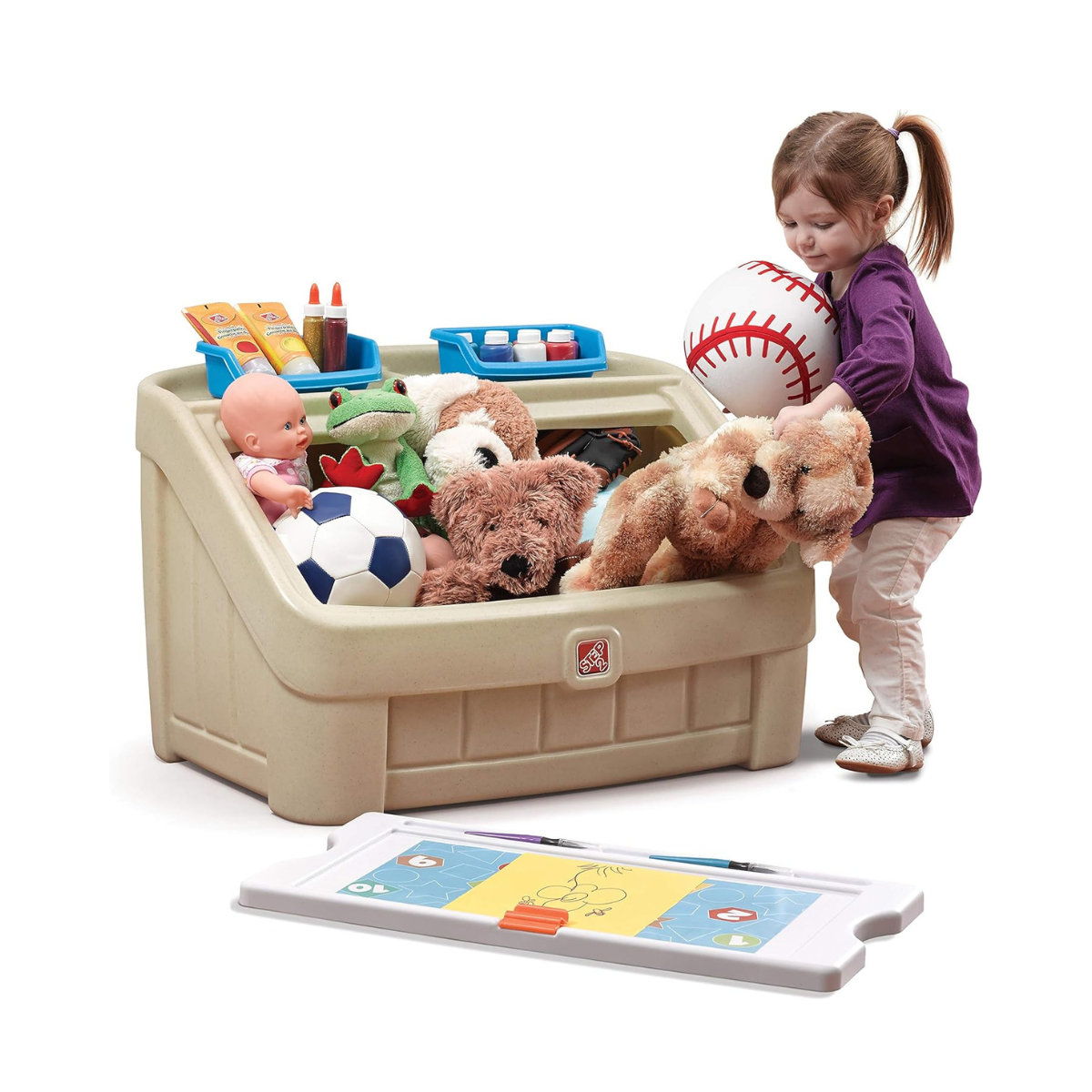 Step2 2-in-1 Toy Box with Art Lid, Kids Storage Chest with Portable Drawing Board, Tan, 4.5 Cubic Feet Storage