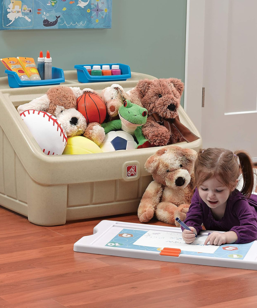 Step2 2-in-1 Toy Box with Art Lid, Kids Storage Chest with Portable Drawing Board, Tan, 4.5 Cubic Feet Storage