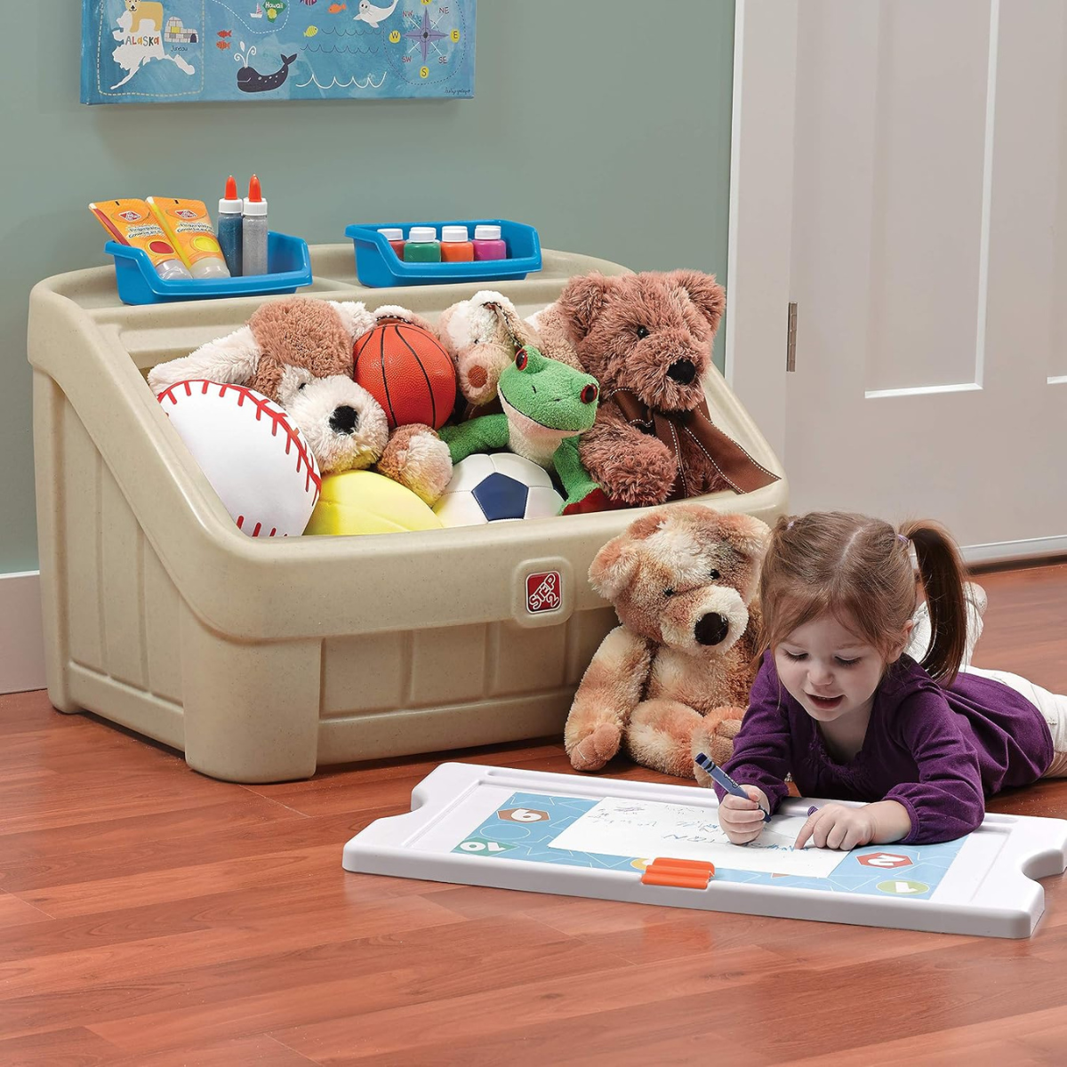 Step2 2-in-1 Toy Box with Art Lid, Kids Storage Chest with Portable Drawing Board, Tan, 4.5 Cubic Feet Storage