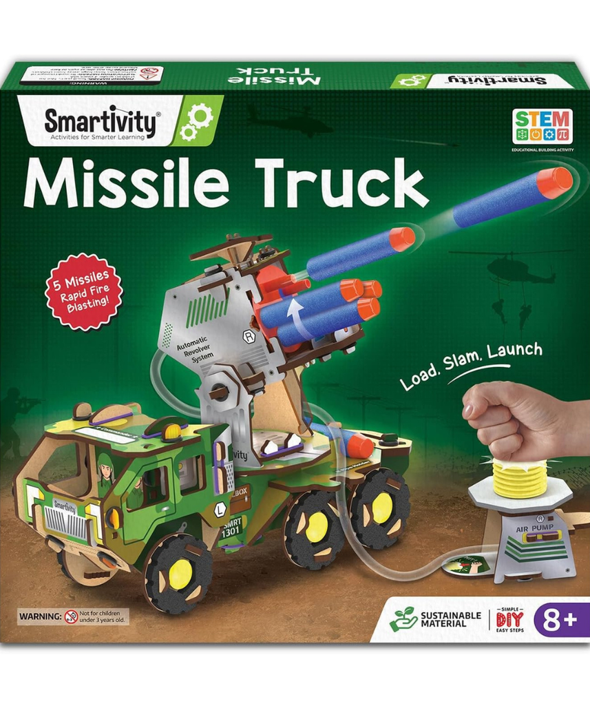 Smartivity DIY Missile Truck for Kids | Build Your Own Military Vehicle with Air-Powered 360° Rotating Launcher & 5 Foam Missiles | STEM Engineering Toy | Birthday Gift Boys & Girls 8 9 10 11 12 13 14