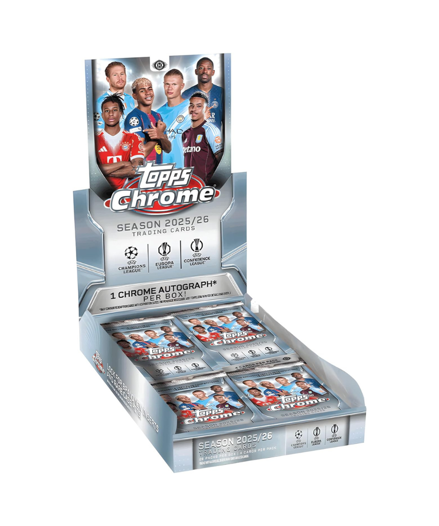2025/26 Topps Chrome UEFA Club Competitions Soccer Hobby Box, 20 Packs with 4 Cards per Pack, 1 Autograph Card per Box, Official UEFA Chrome Trading Cards, 6+ Years