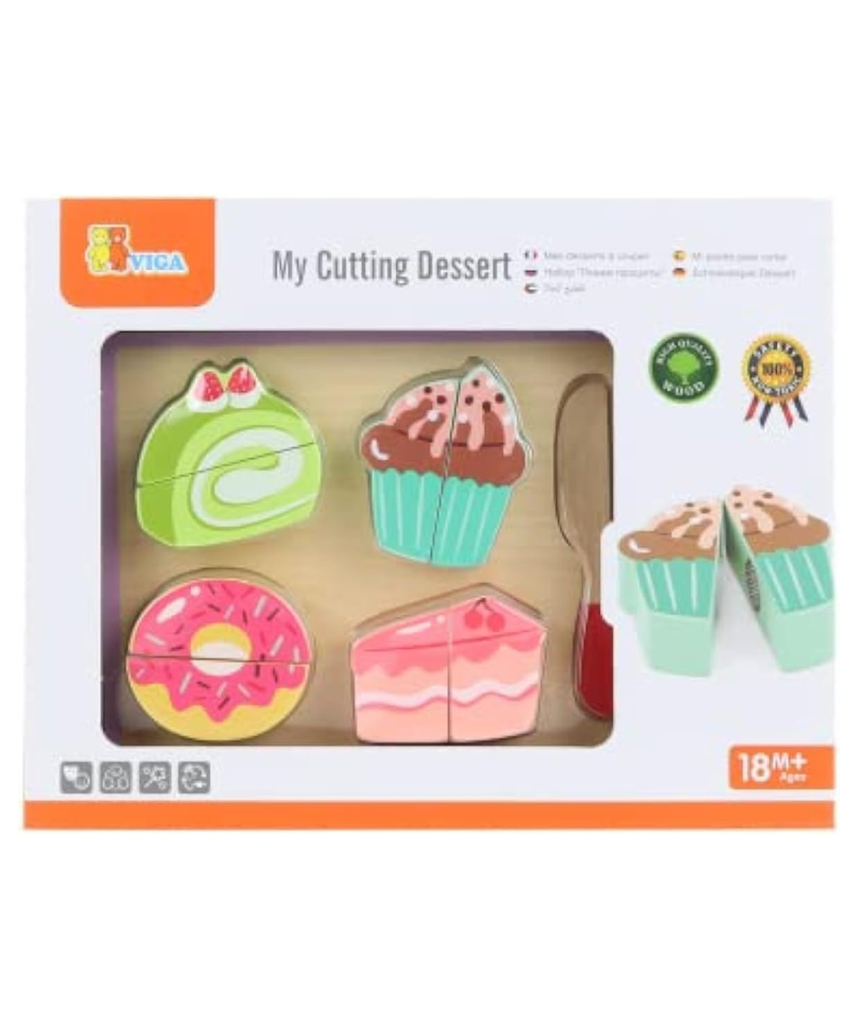 Viga My Cutting Dessert Wooden Play Food Set, Pretend Cake Cutting Toy with Wooden Knife and Tray, Role Play Kitchen Toy for Kids, Ages 18 Months+