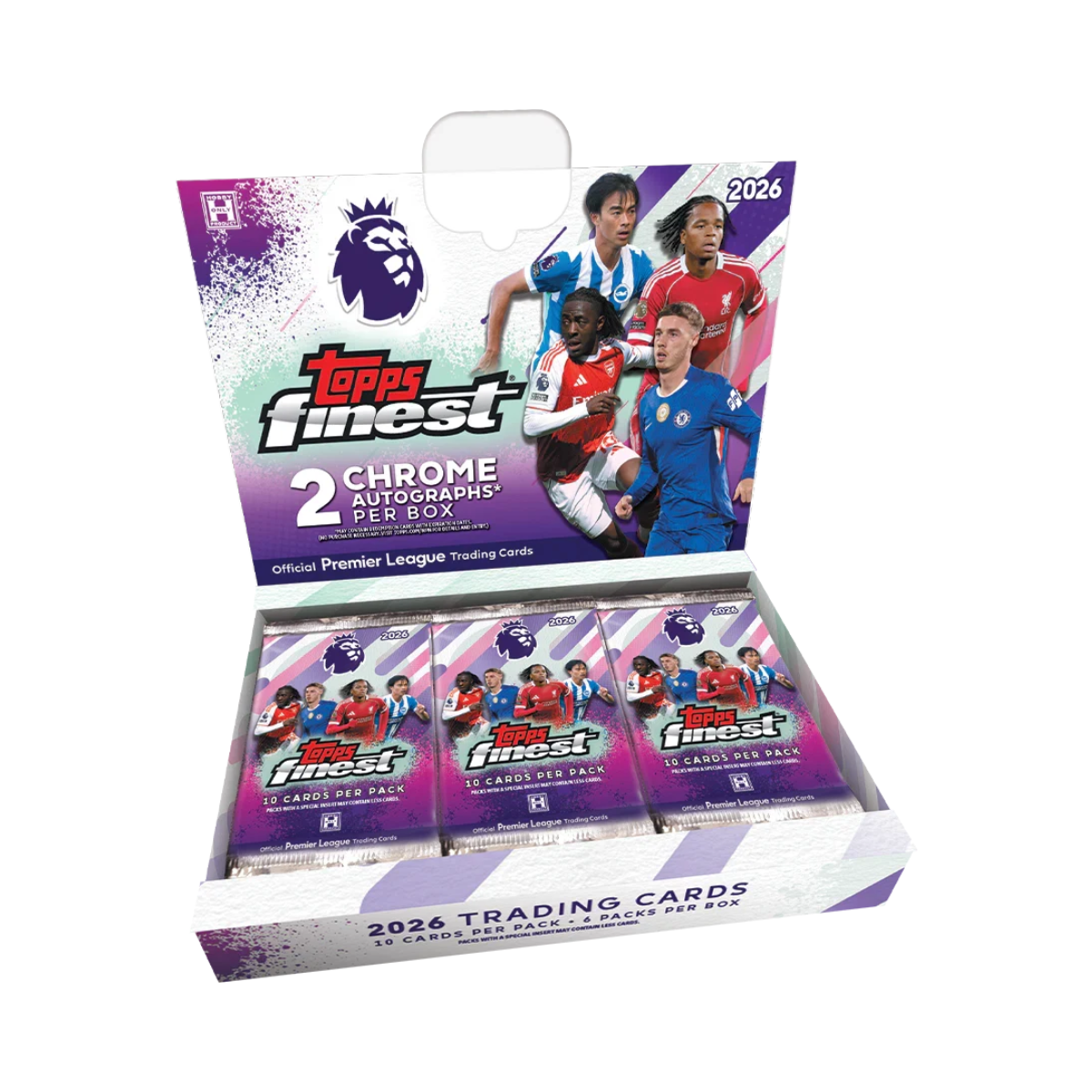Topps Finest Premier League 2026 Soccer Hobby Box, 6 Packs with 10 Cards per Pack, 2 Chrome Autograph Cards per Box, Official Premier League Trading Cards, 6+ Years