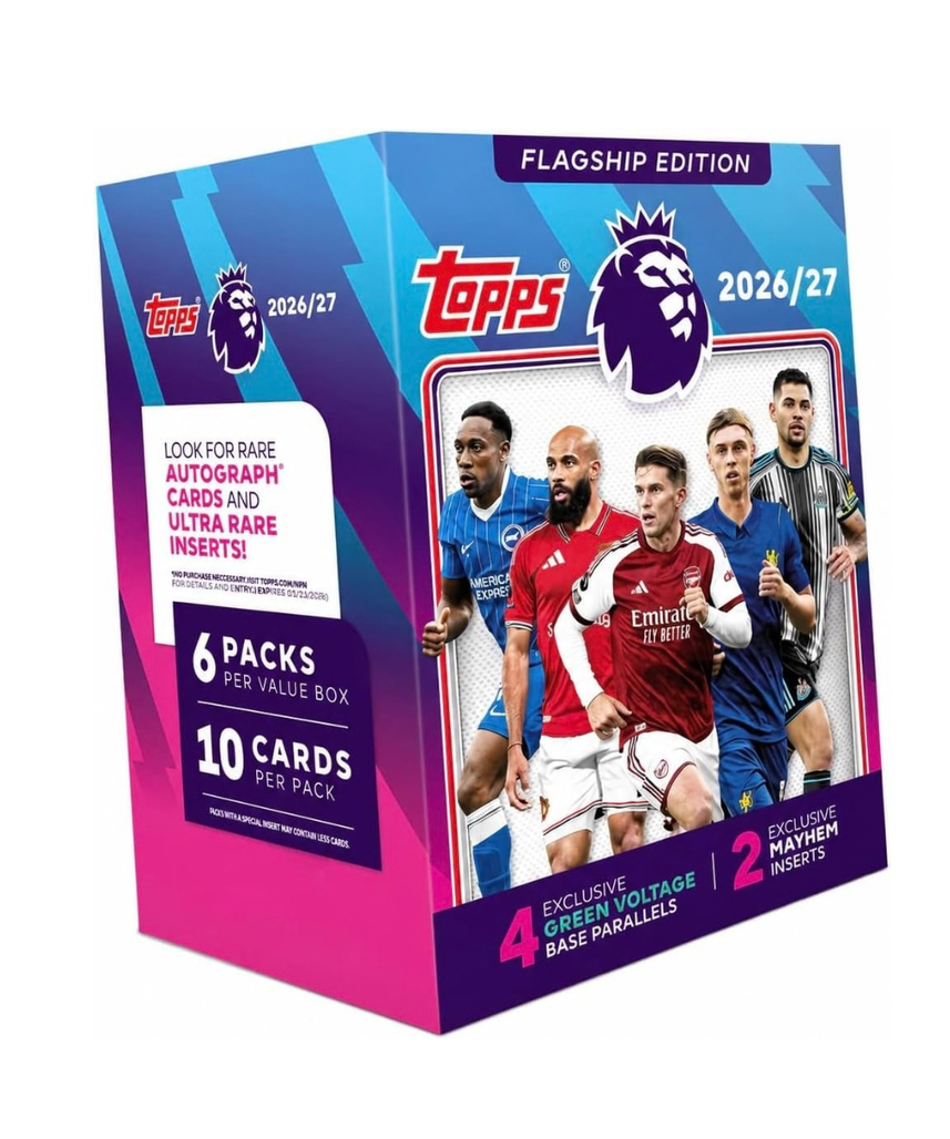 Topps Premier League Trading Cards 2026/27 Value Box, 60 Cards with 4 Green Voltage Parallels and 2 Exclusive Mayhem Inserts, Football Trading Card Collection, Officially Licensed Premier League Merchandise, 6+ Years