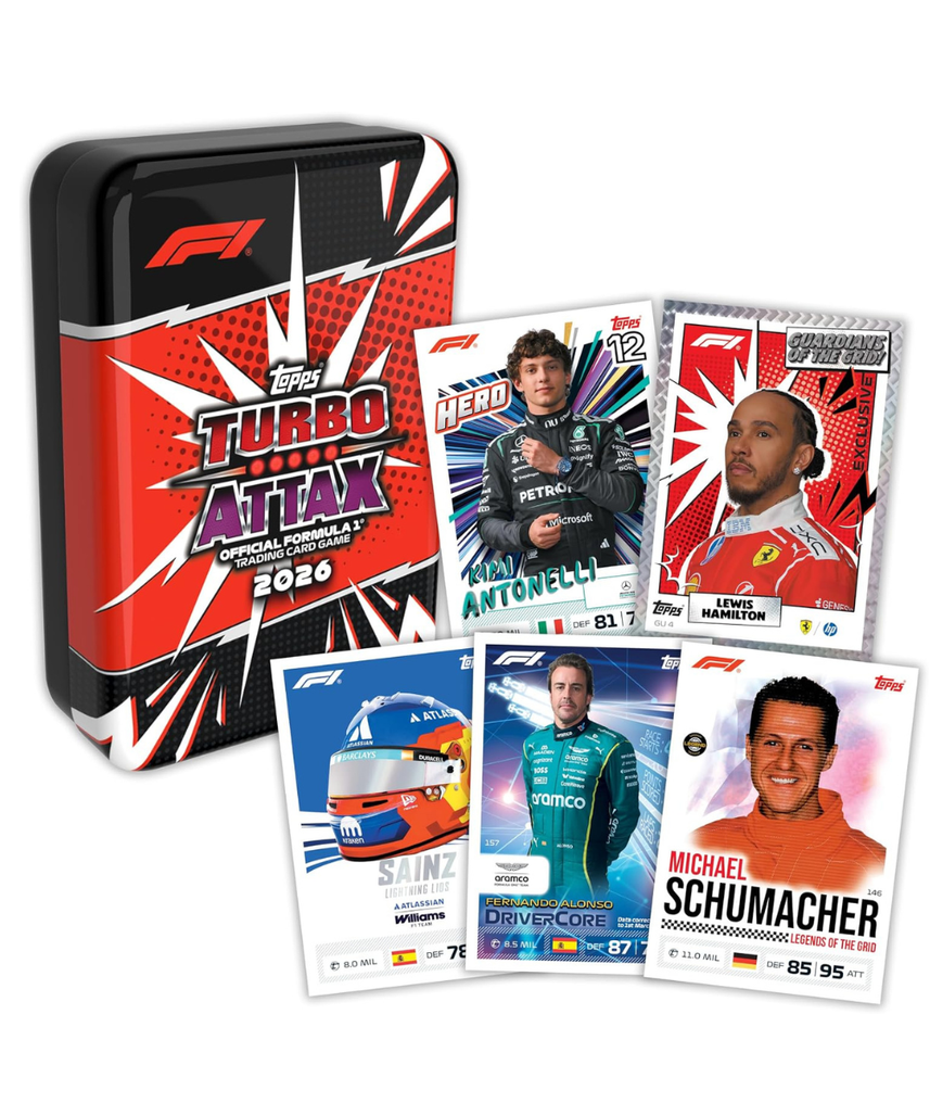 Topps Formula 1 Turbo Attax 2026 Mega Tin Guardians of the Grid, 48 Trading Cards with 4 Exclusive Guardians of the Grid Cards, Memento Relic Chase Cards, Official F1 Collection, 6+ Years