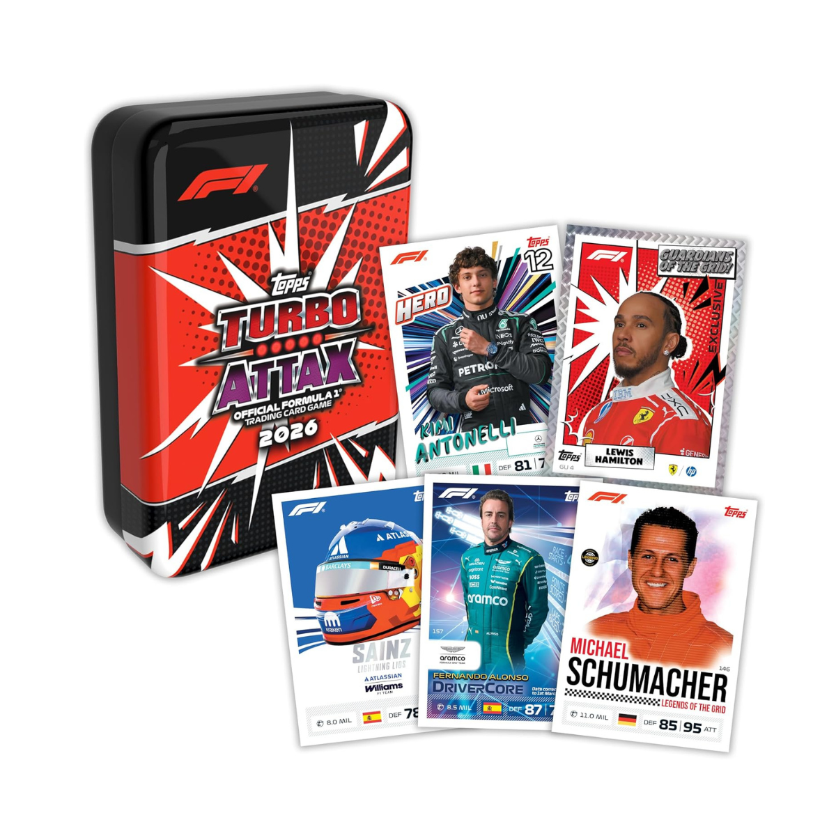 Topps Formula 1 Turbo Attax 2026 Mega Tin Guardians of the Grid, 48 Trading Cards with 4 Exclusive Guardians of the Grid Cards, Memento Relic Chase Cards, Official F1 Collection, 6+ Years