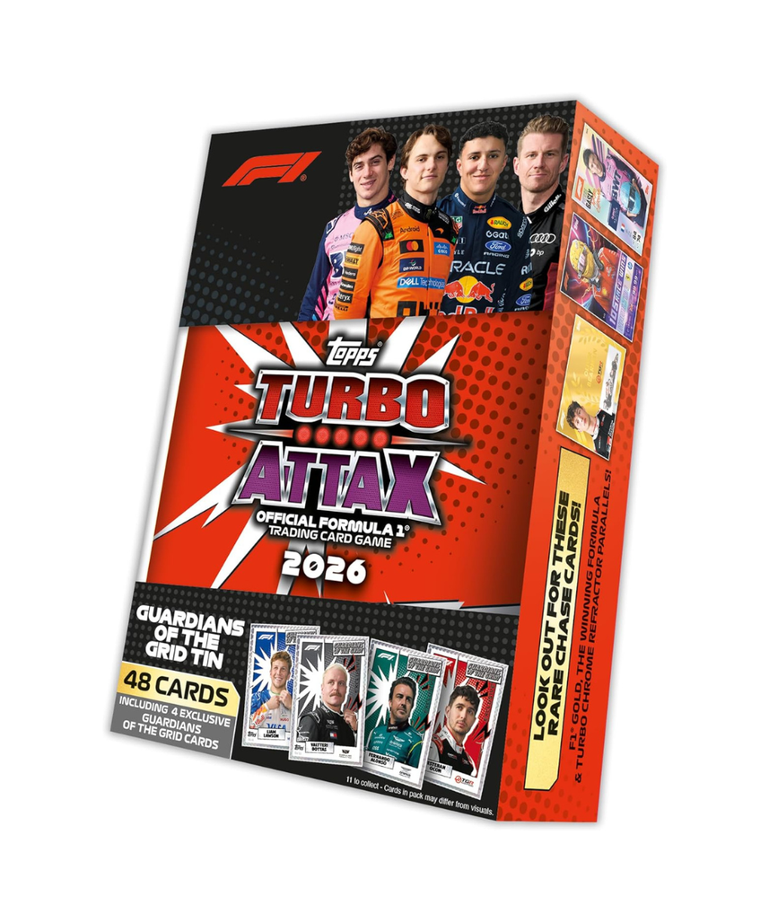 Topps Formula 1 Turbo Attax 2026 Mega Tin Guardians of the Grid, 48 Trading Cards with 4 Exclusive Guardians of the Grid Cards, Memento Relic Chase Cards, Official F1 Collection, 6+ Years