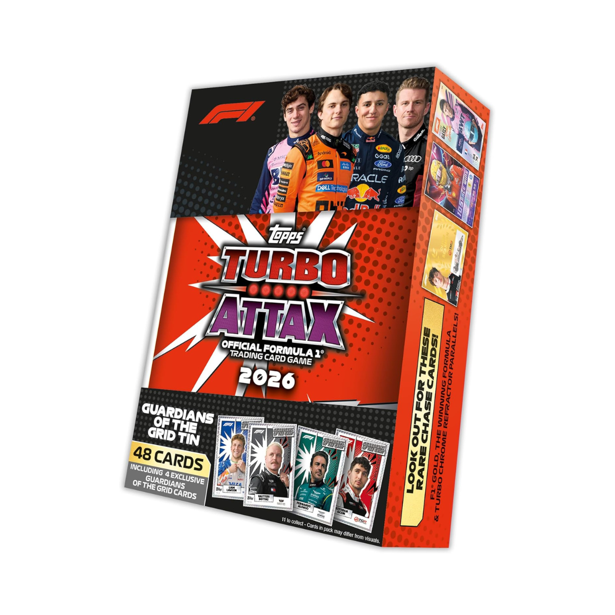 Topps Formula 1 Turbo Attax 2026 Mega Tin Guardians of the Grid, 48 Trading Cards with 4 Exclusive Guardians of the Grid Cards, Memento Relic Chase Cards, Official F1 Collection, 6+ Years