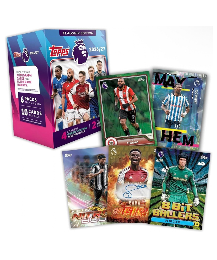 Topps Premier League Trading Cards 2026/27 Value Box, 60 Cards with 4 Green Voltage Parallels and 2 Exclusive Mayhem Inserts, Football Trading Card Collection, Officially Licensed Premier League Merchandise, 6+ Years