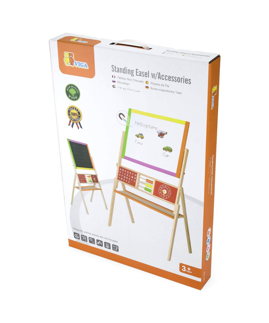 VIGA Wooden Educational 2-in-1 Standing Easel with Abacus, Double-Sided Floor Easel for Drawing, Writing, Alphabet and Math Learning, Wooden Learning Toy for Kids, Ages 3+