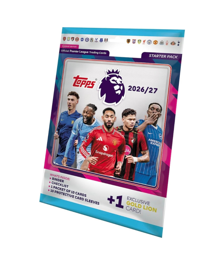 Topps Premier League 2026/27 Starter Pack, Binder with Checklist, Card Sleeves and 32 Trading Cards, Gold Lion Card and Guaranteed Insert, Official Premier League Football Collection, 6+ Years
