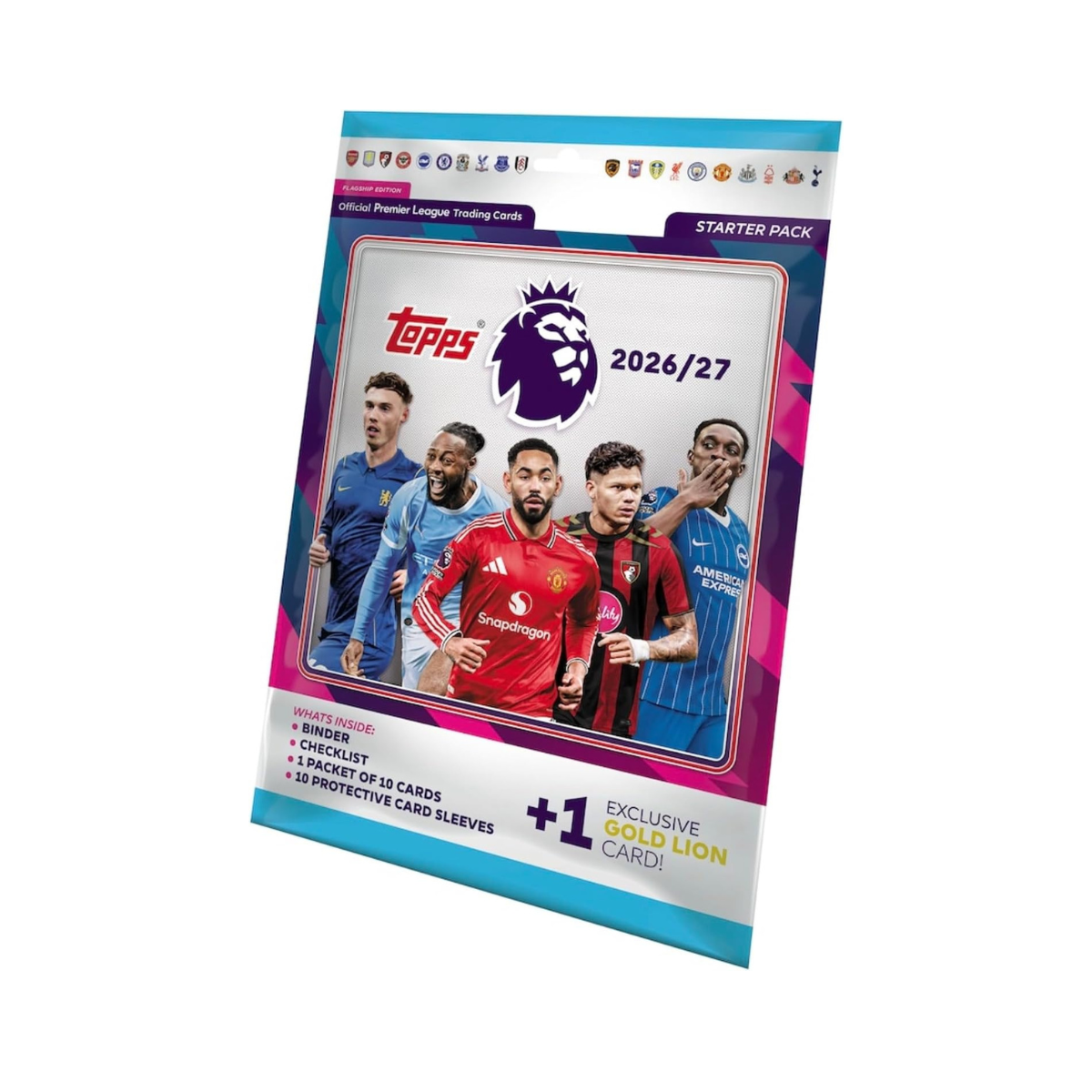 Topps Premier League 2026/27 Starter Pack, Binder with Checklist, Card Sleeves and 32 Trading Cards, Gold Lion Card and Guaranteed Insert, Official Premier League Football Collection, 6+ Years