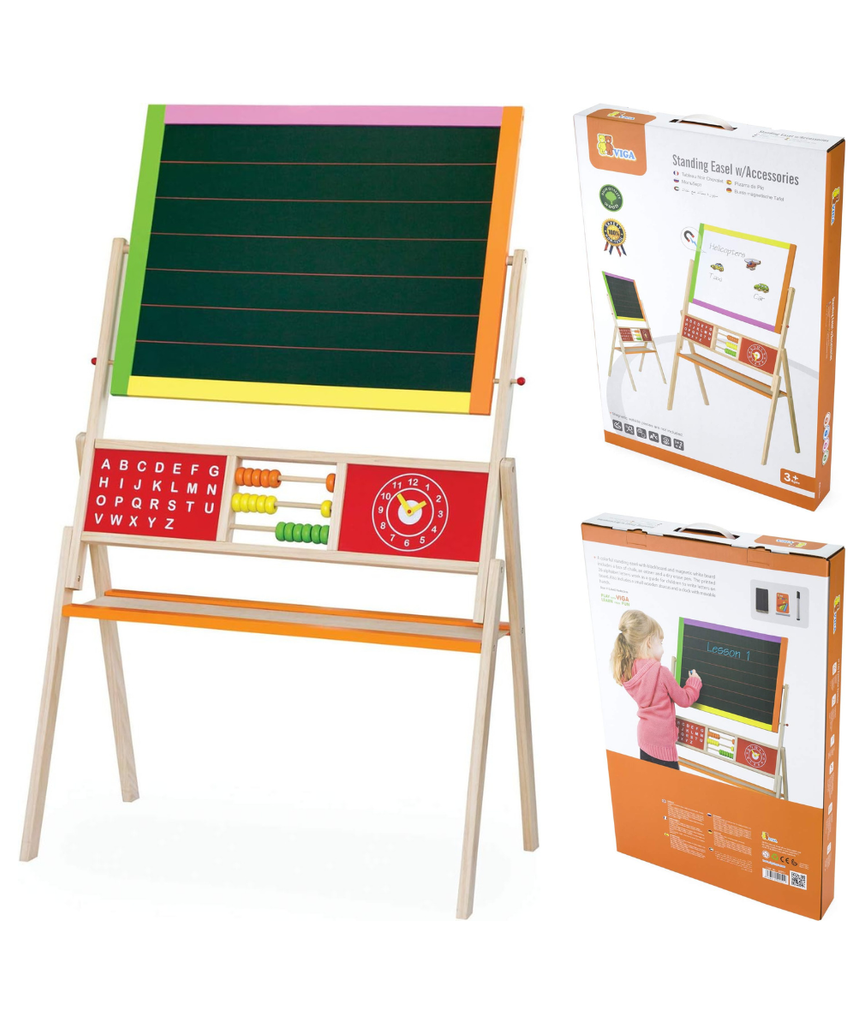 VIGA Wooden Educational 2-in-1 Standing Easel with Abacus, Double-Sided Floor Easel for Drawing, Writing, Alphabet and Math Learning, Wooden Learning Toy for Kids, Ages 3+