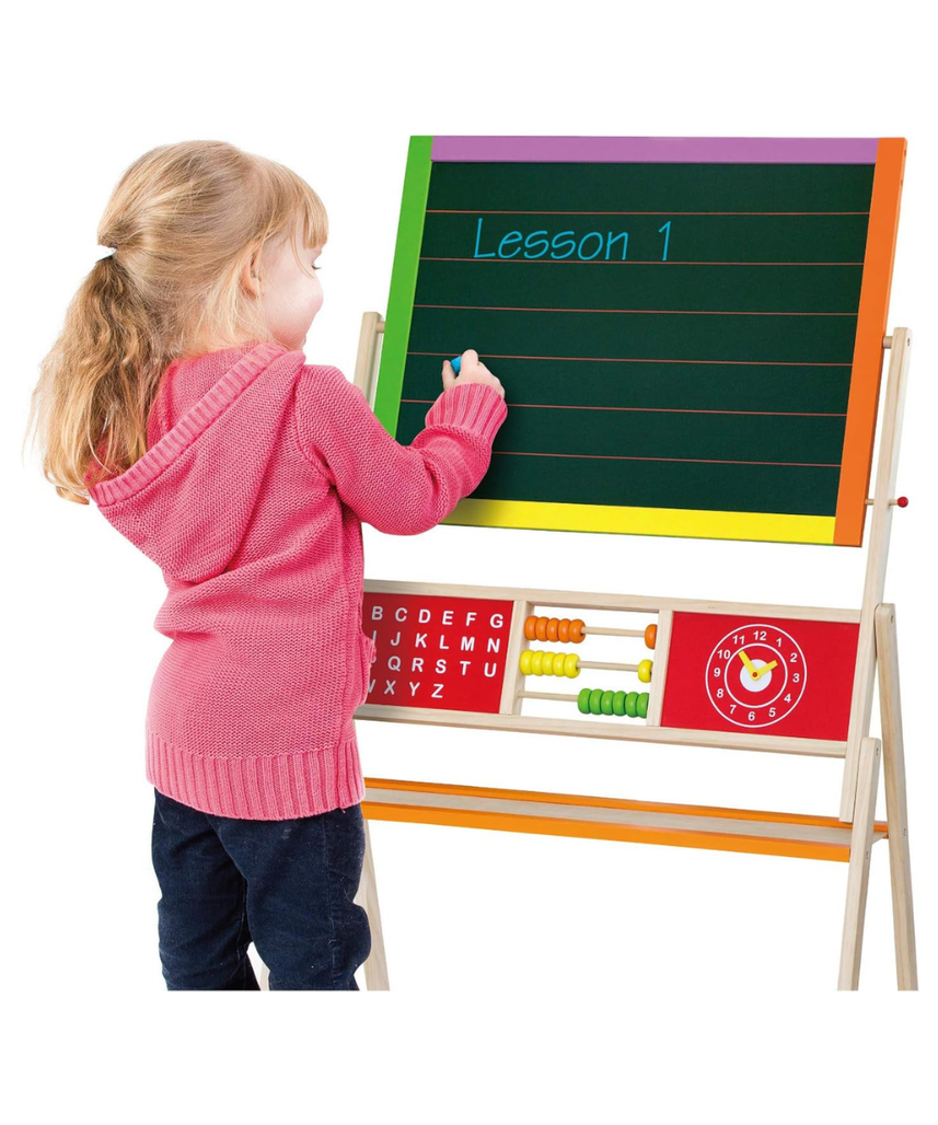 VIGA Wooden Educational 2-in-1 Standing Easel with Abacus, Double-Sided Floor Easel for Drawing, Writing, Alphabet and Math Learning, Wooden Learning Toy for Kids, Ages 3+