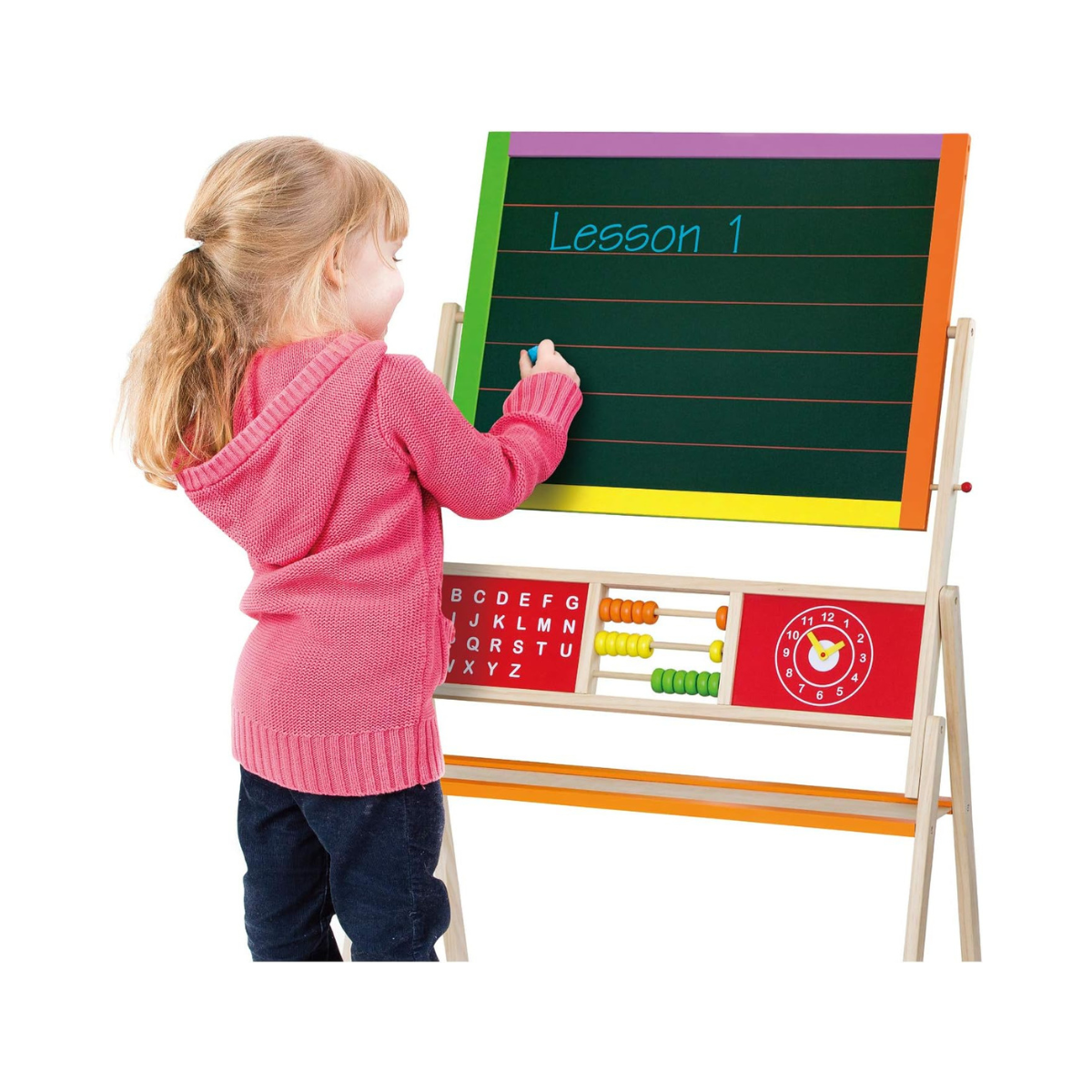 VIGA Wooden Educational 2-in-1 Standing Easel with Abacus, Double-Sided Floor Easel for Drawing, Writing, Alphabet and Math Learning, Wooden Learning Toy for Kids, Ages 3+