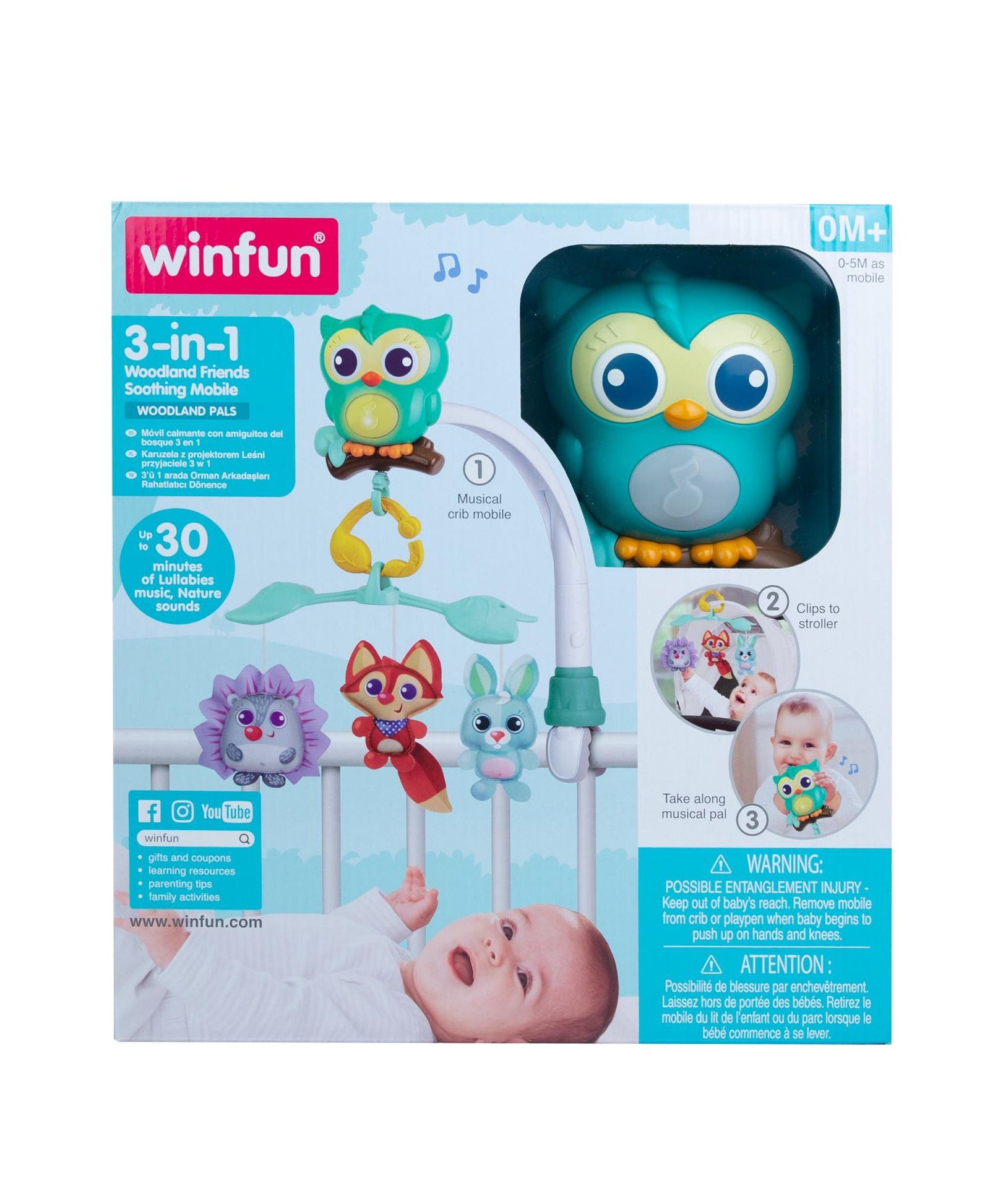 Winfun 3-in-1 Woodland Friends Soothing Mobile, Musical Crib Mobile, Stroller Toy & Light-Up Owl Pal for Babies 0+ Months