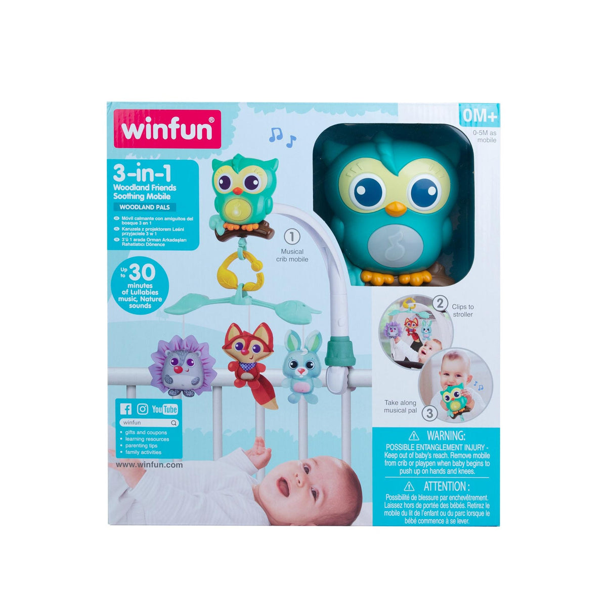 Winfun 3-in-1 Woodland Friends Soothing Mobile, Musical Crib Mobile, Stroller Toy & Light-Up Owl Pal for Babies 0+ Months