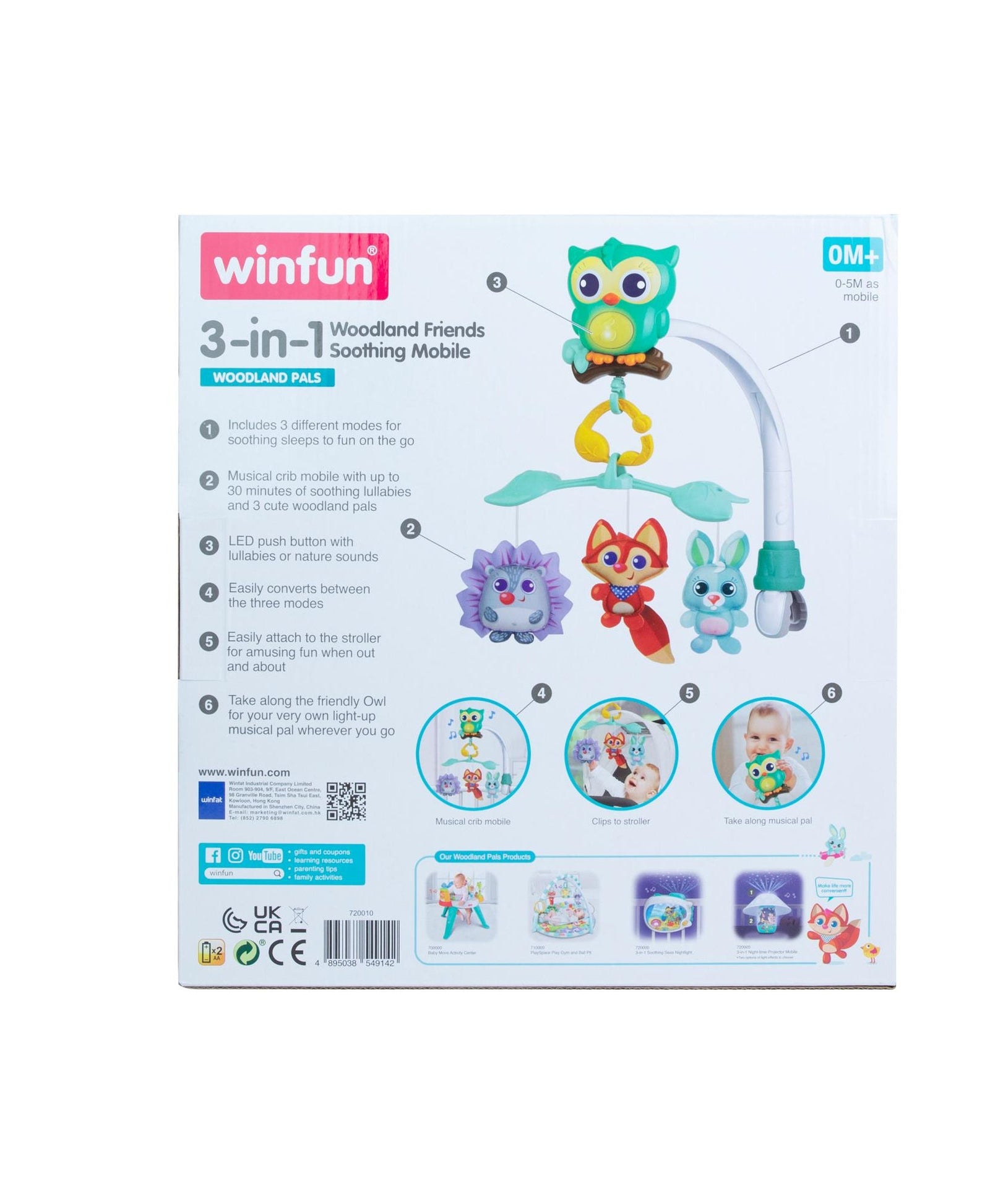 Winfun 3-in-1 Woodland Friends Soothing Mobile, Musical Crib Mobile, Stroller Toy & Light-Up Owl Pal for Babies 0+ Months