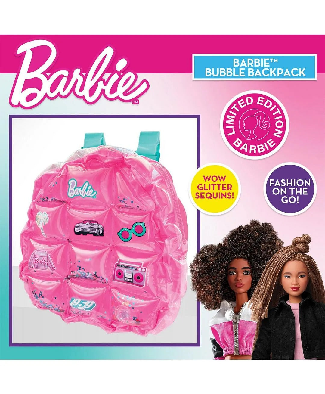 Sinco Creations Barbie Bubble Backpack, Inflatable PVC Mini Backpack with Adjustable Straps, Durable, Stylish & Fun Bag for Kids Ages 3Y+