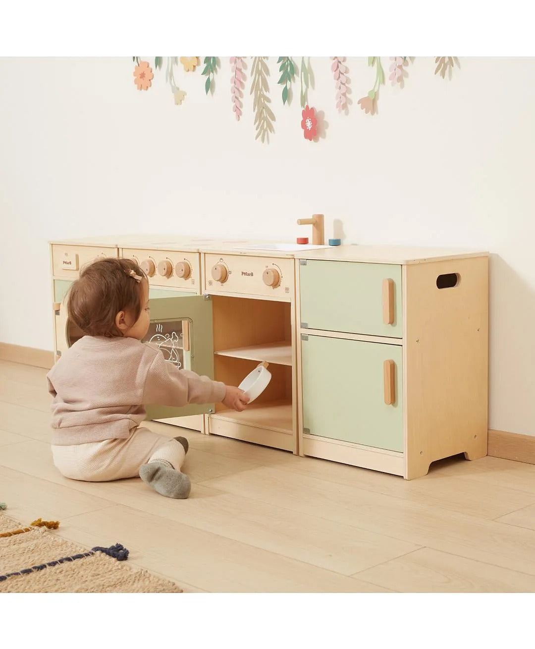 PolarB Sage Green Wooden Toddler Kitchen Playset for Ages 18 Months and Up, Includes Fridge, Stove, Sink, Dishwasher and Washing Machine, Encourages Imaginative and Social Play