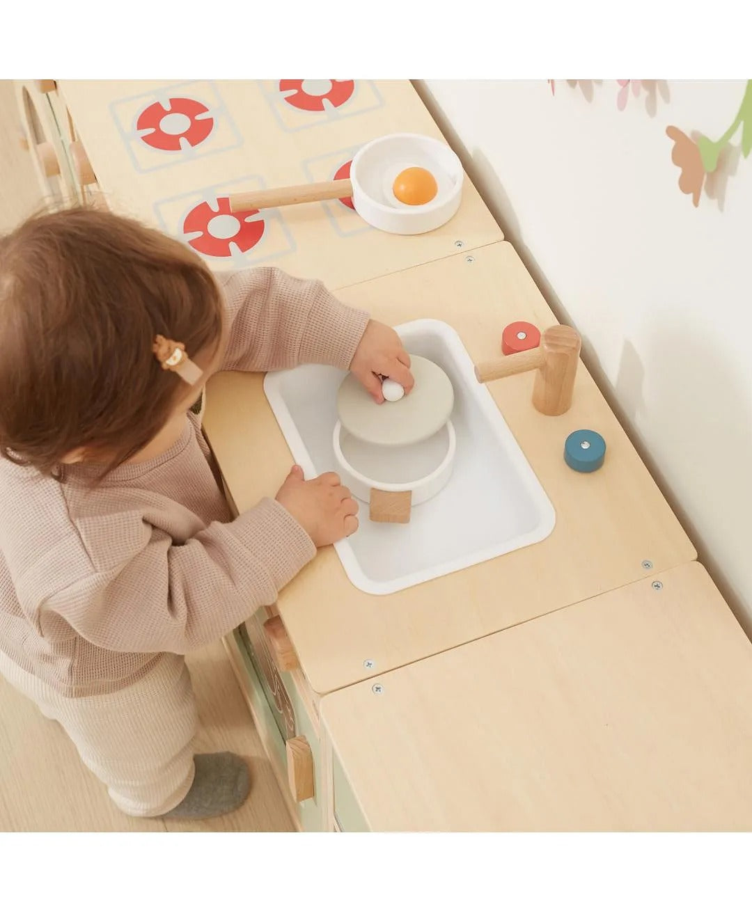 PolarB Sage Green Wooden Toddler Kitchen Playset for Ages 18 Months and Up, Includes Fridge, Stove, Sink, Dishwasher and Washing Machine, Encourages Imaginative and Social Play