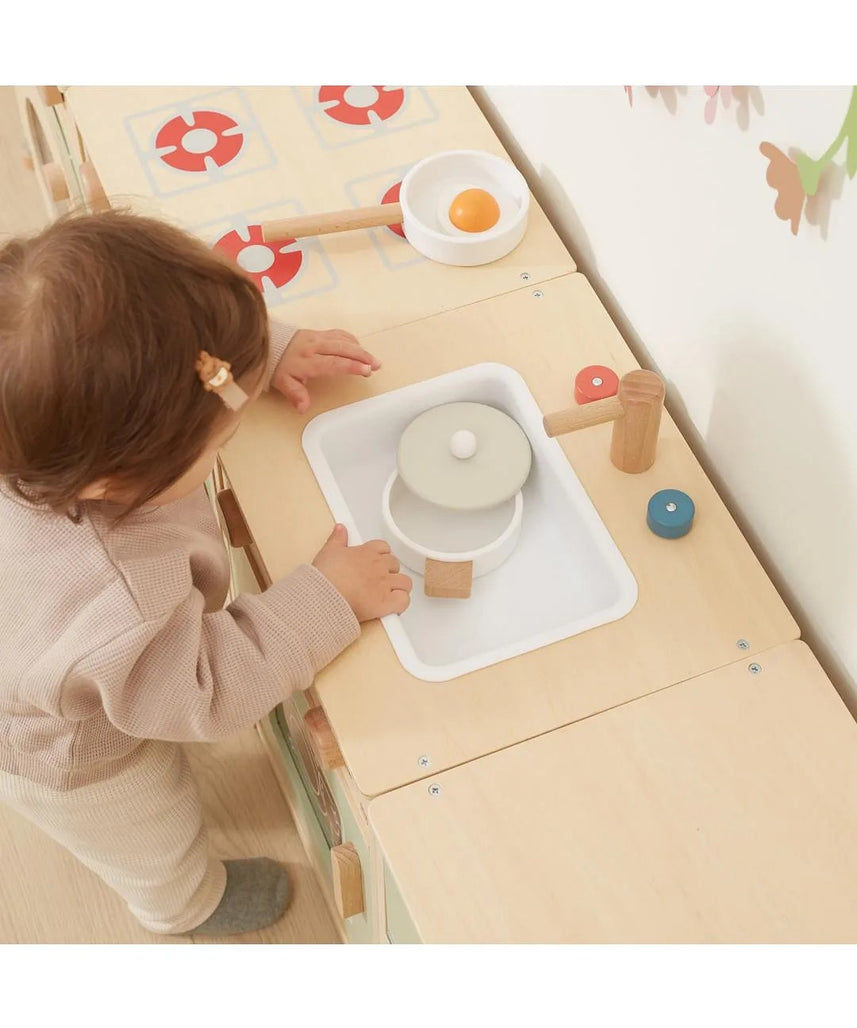 PolarB Sage Green Wooden Toddler Kitchen Playset for Ages 18 Months and Up, Includes Fridge, Stove, Sink, Dishwasher and Washing Machine, Encourages Imaginative and Social Play