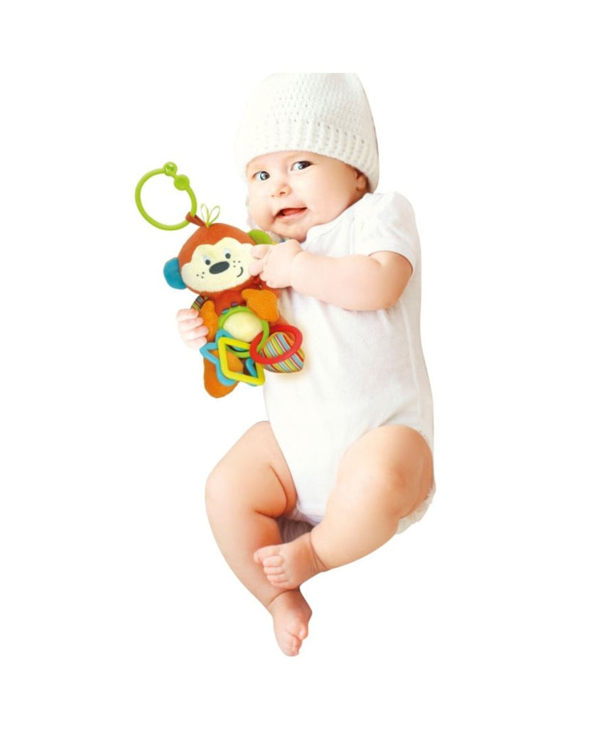 Winfun Cheeky Chimp Rattle with Rings, Colorful Soft Baby Rattle Toy with Crinkle and Chime, Easy Grasp Developmental Sensory Learning Toy for Infants 0+ Months