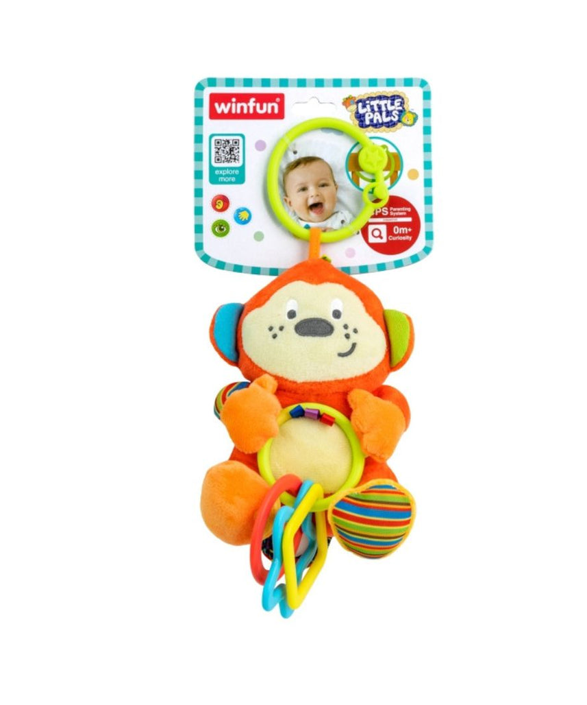 Winfun Cheeky Chimp Rattle with Rings, Colorful Soft Baby Rattle Toy with Crinkle and Chime, Easy Grasp Developmental Sensory Learning Toy for Infants 0+ Months