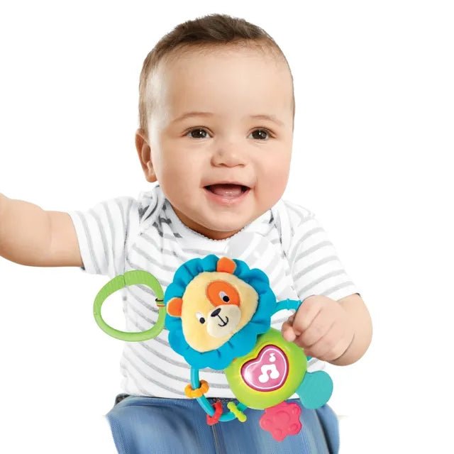 Winfun Caesar The Lion Jungle Fun Interactive Plush with Sounds and Light-Up Music, Soft Cuddly Sensory Toy with Sliding Rings and Textured Arms for Babies