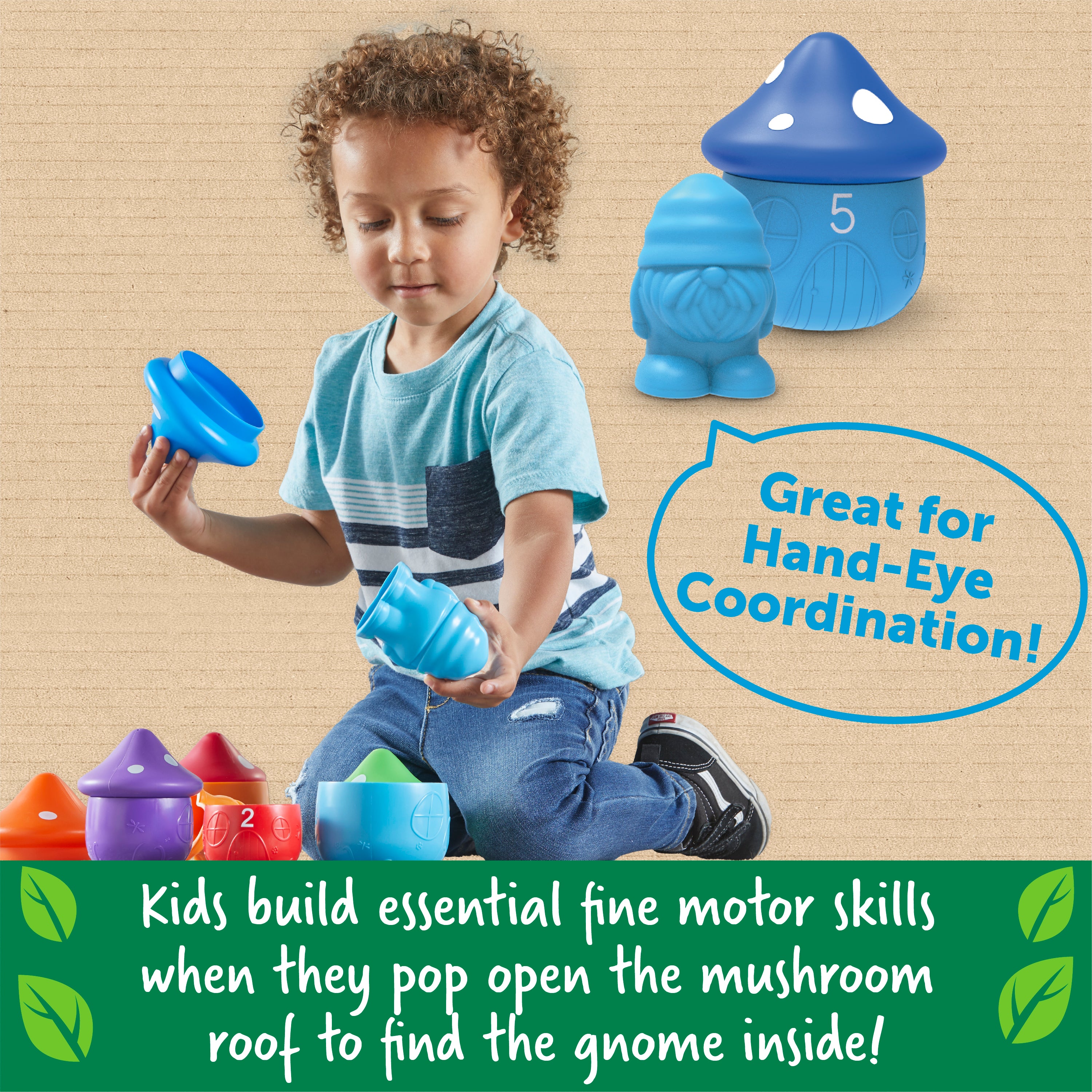 مجموعة ألعاب Peekaboo Gnome Homes، للتلوين والعد وتنمية المهارات الحركية الدقيقة، مع 5 تماثيل قزم ومنازل من فطر عيش الغراب، لعبة تعليمية مستدامة للأطفال الصغار من عمر 18 شهرًا فما فوق